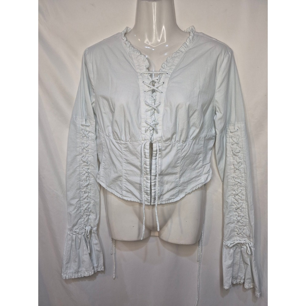 White Lace Up Corset Top Long Sleeve Bell Cuff Ruffle Crop Blouse Large